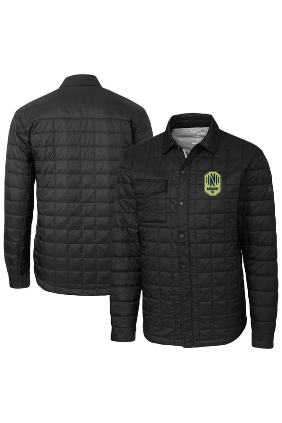 Men's-Cutter & Buck  Black Nashville SC Big & Tall Rainier PrimaLoft Eco Insulated Full-Snap Quilted Shirt Jacket