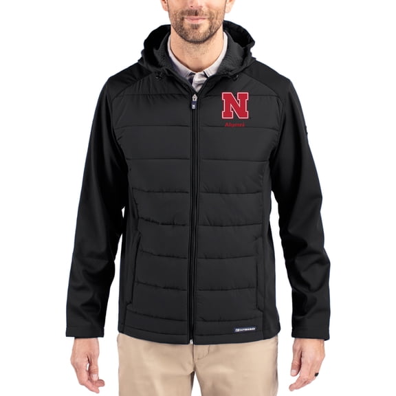 Men's Cutter & Buck Black Nebraska Huskers Evoke Hybrid Eco Softshell Recycled Full Zip Hooded Jacket