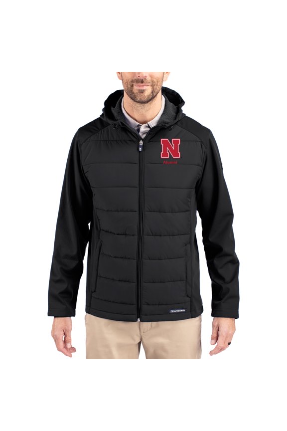 Men's Cutter & Buck Black Nebraska Huskers Evoke Hybrid Eco Softshell Recycled Full Zip Hooded Jacket