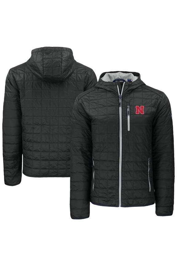 Men's-Cutter & Buck Black Nebraska Huskers Rainier Eco PrimaLoft Hooded Full-Zip Jacket