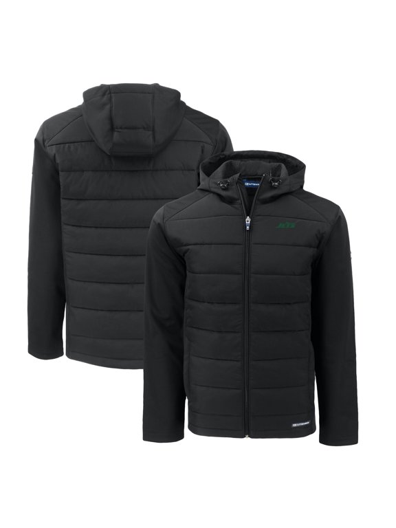 Men's Cutter & Buck Black New York Jets Primary Logo Evoke Hybrid Eco Softshell Recycled Full-Zip Hooded Jacket