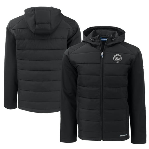 Men's Cutter & Buck Black New York Mets Big & Tall Evoke Hybrid Eco Softshell Recycled Full-Zip Hooded PrimaLoft Jacket