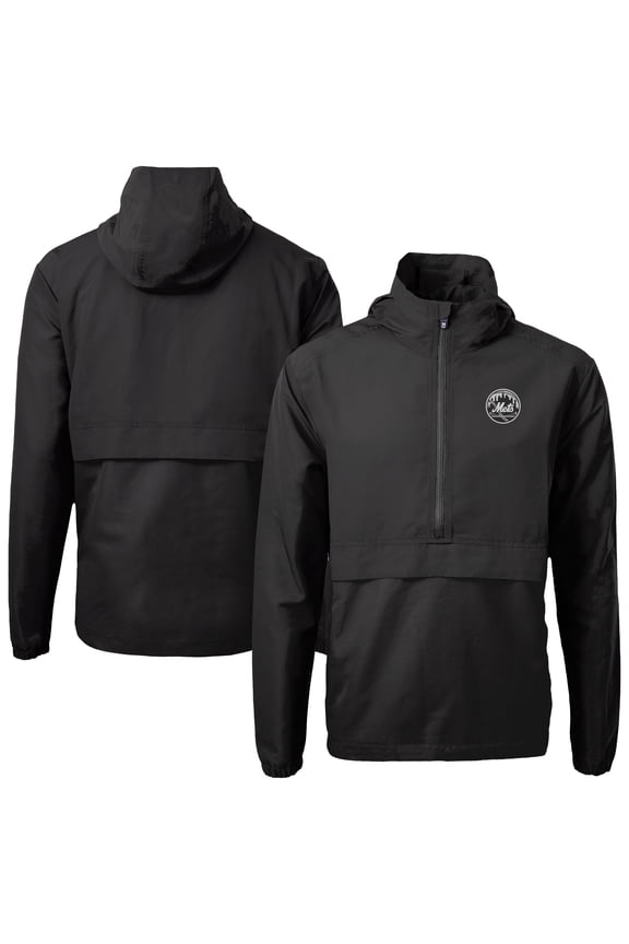 Men's Cutter & Buck Black New York Mets Charter Eco Recycled Anorak Half-Zip Hoodie Jacket