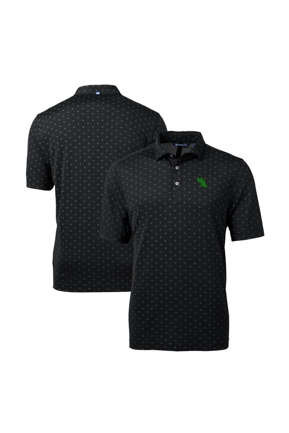 Men's Cutter & Buck Black North Texas Mean Green Virtue Eco Pique Tile Print Recycled Polo