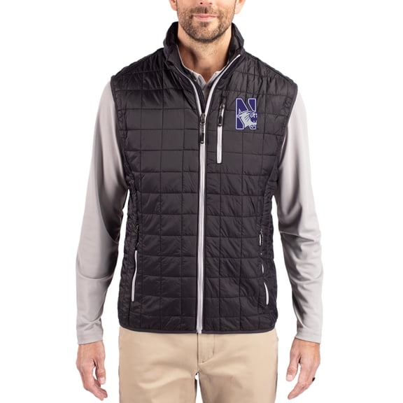 Men's-Cutter & Buck Black Northwestern Wildcats Rainier Eco Insulated PrimaLoft Full-Zip Puffer Vest