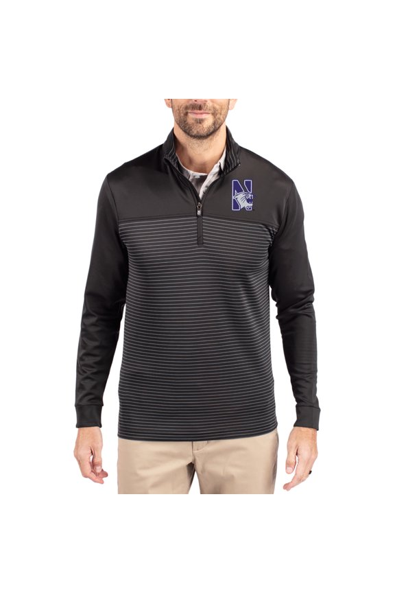 Men's-Cutter & Buck Black Northwestern Wildcats Traverse Stretch Eco Stripe DryTec Tri-Blend Quarter-Zip Pullover