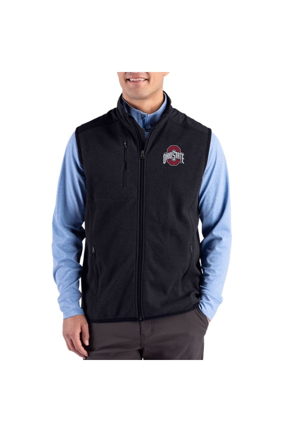 Men's Cutter & Buck Black Ohio State Buckeyes Hunts Point Recycled Fleece Hybrid Full-Zip Vest