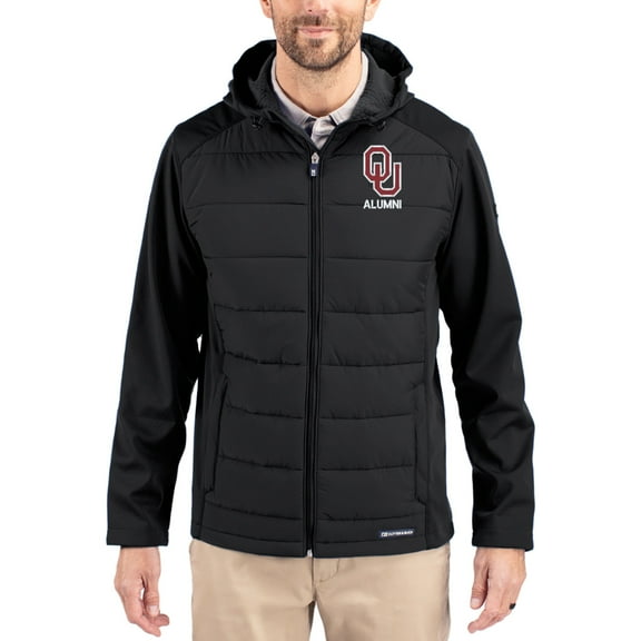 Men's Cutter & Buck Black Oklahoma Sooners Evoke Hybrid Eco Softshell Recycled Full Zip Hooded Jacket