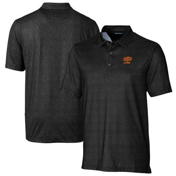 Men's Cutter & Buck Black Oklahoma State Cowboys Alumni Logo Pike Micro Floral Print Stretch Polo