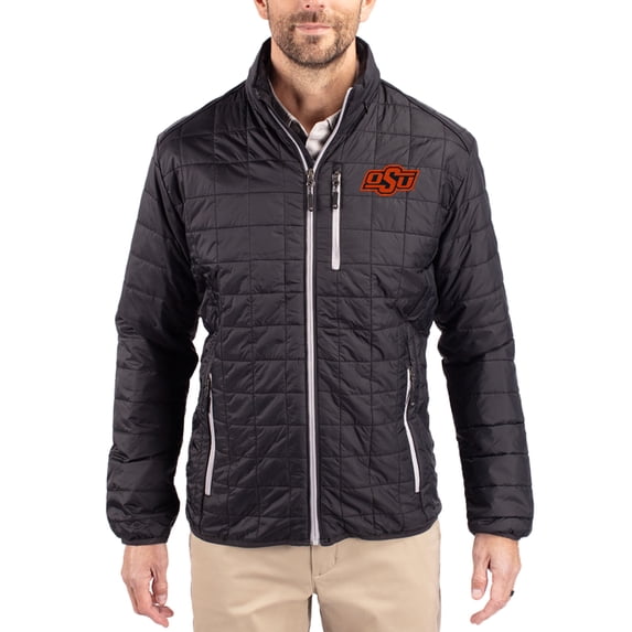 Men's-Cutter & Buck Black Oklahoma State Cowboys Rainier Eco Insulated PrimaLoft Full-Zip Puffer Jacket