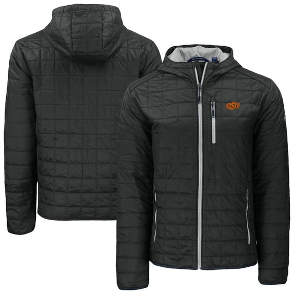Men's-Cutter & Buck Black Oklahoma State Cowboys Rainier Eco PrimaLoft Hooded Full-Zip Jacket