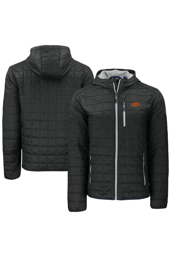 Men's-Cutter & Buck Black Oklahoma State Cowboys Rainier Eco PrimaLoft Hooded Full-Zip Jacket