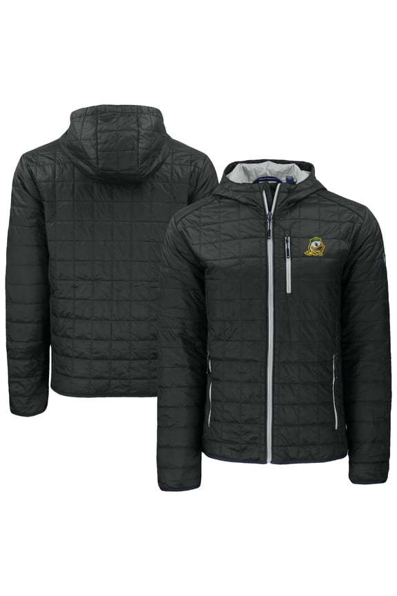 Men's-Cutter & Buck Black Oregon Ducks Rainier Eco PrimaLoft Hooded Full-Zip Jacket