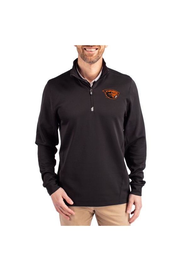 Men's-Cutter & Buck Black Oregon State Beavers DryTec Traverse Stretch Eco Tri-Blend Quarter-Zip Pullover