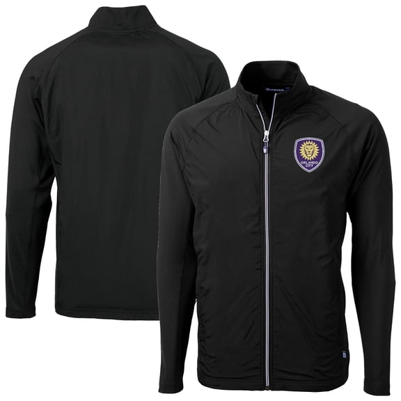 Men's-Cutter & Buck Black Orlando City SC Adapt Eco Knit Hybrid Recycled Raglan Full-Zip Jacket