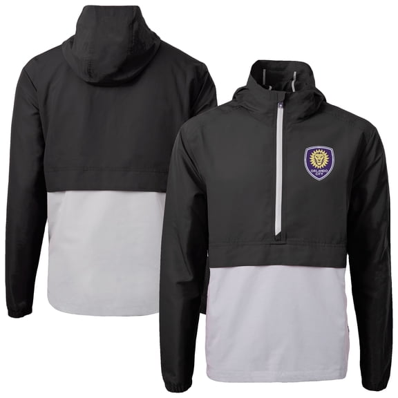 Men's-Cutter & Buck Black Orlando City SC Charter Eco Recycled Anorak Hooded Half-Zip Jacket