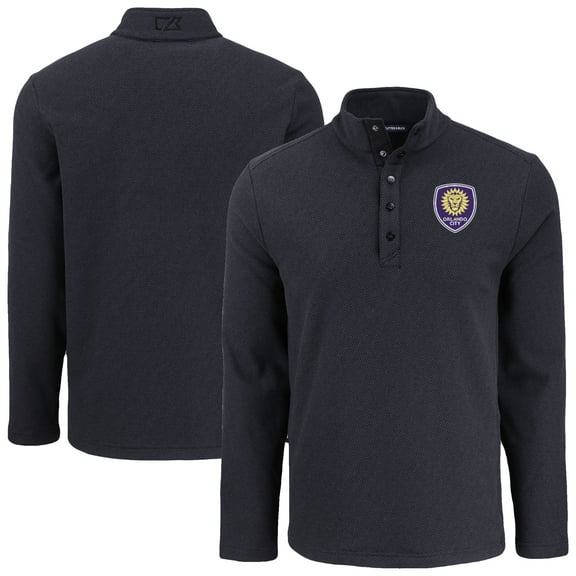 Men's-Cutter & Buck  Black Orlando City SC Hunts Point Eco Textured Fleece Recycled Quarter-Snap Pullover Top
