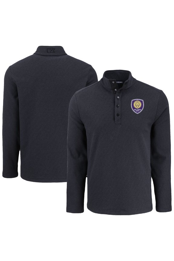 Men's-Cutter & Buck  Black Orlando City SC Hunts Point Eco Textured Fleece Recycled Quarter-Snap Pullover Top