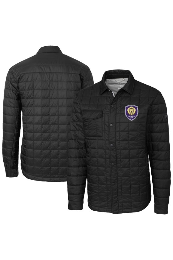 Men's-Cutter & Buck Black Orlando City SC Rainier PrimaLoft Eco Insulated Quilted Shirt Jacket