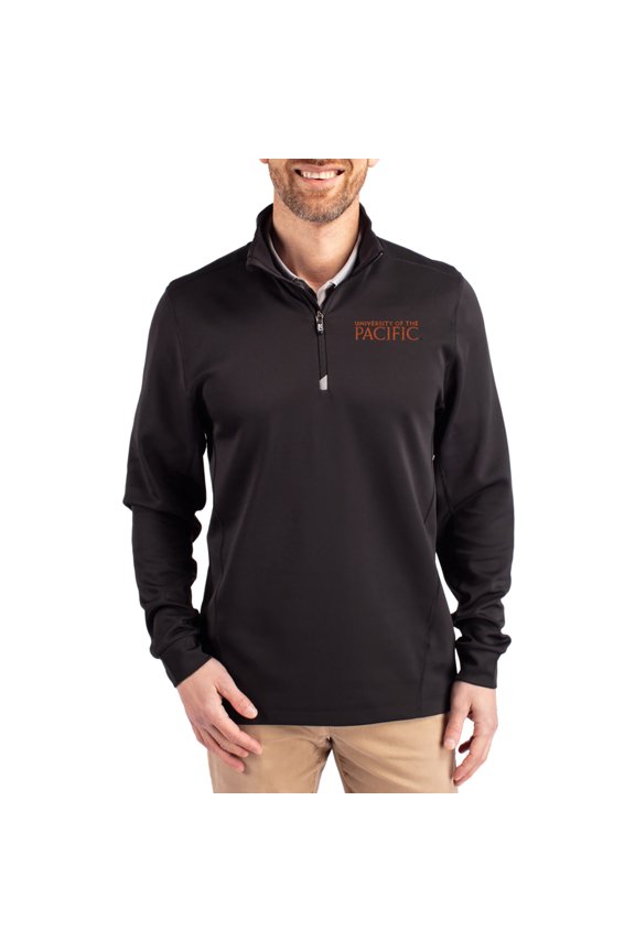 Men's-Cutter & Buck Black Pacific Tigers DryTec Traverse Stretch Eco Tri-Blend Quarter-Zip Pullover
