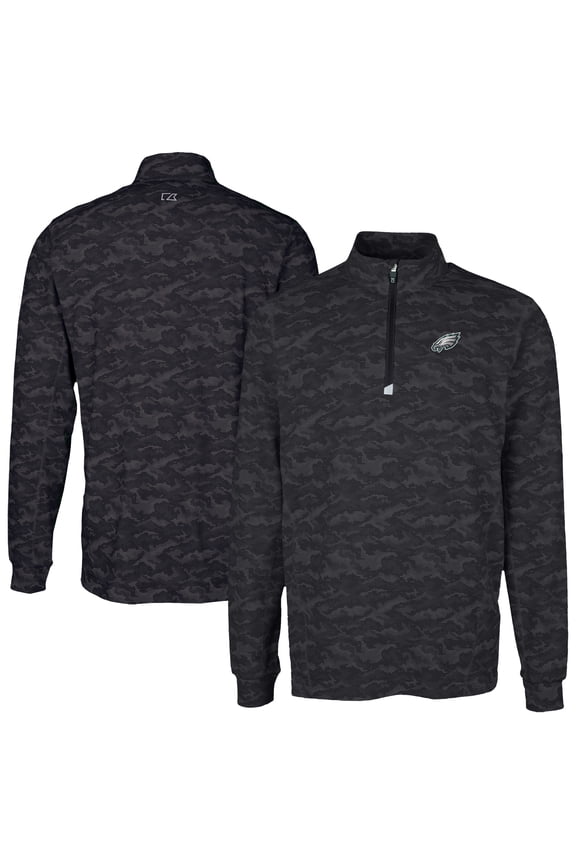 Men's Cutter & Buck Black Philadelphia Eagles  Traverse Camo Print Stretch Quarter-Zip Top