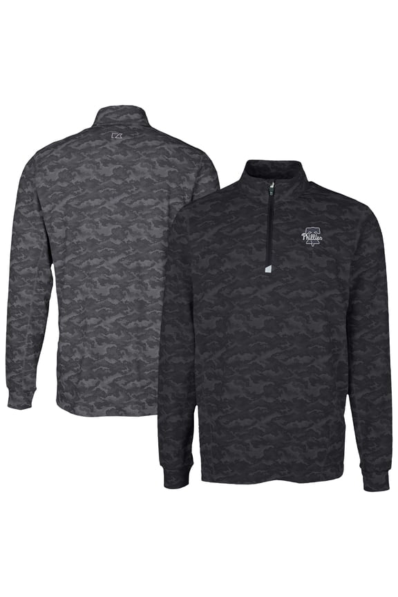 Men's Cutter & Buck Black Philadelphia Phillies Traverse Eco Camo Tri-Blend DryTec Quarter-Zip Top