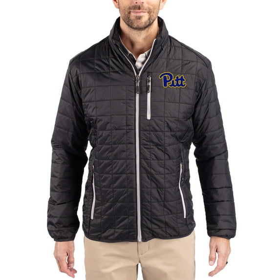 Men's-Cutter & Buck Black Pitt Panthers Rainier Eco Insulated PrimaLoft Full-Zip Puffer Jacket
