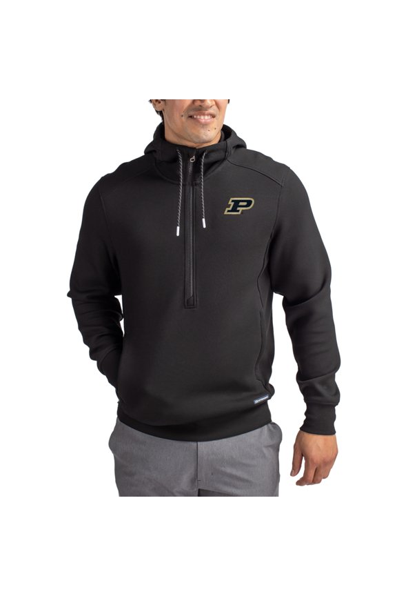 Men's-Cutter & Buck Black Purdue Boilermakers Roam Eco Recycled Half-Zip Pullover Hoodie