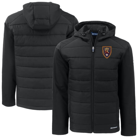 Men's-Cutter & Buck Black Real Salt Lake Evoke Hybrid Eco Softshell Recycled Full Zip Hooded Jacket