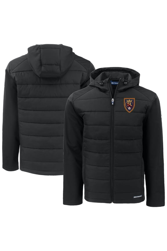 Men's-Cutter & Buck Black Real Salt Lake Evoke Hybrid Eco Softshell Recycled Full Zip Hooded Jacket