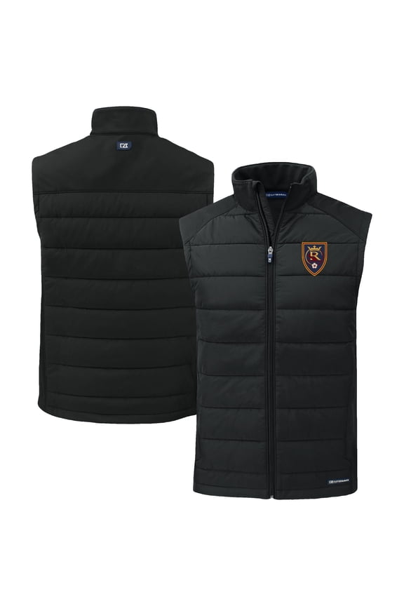 Men's-Cutter & Buck Black Real Salt Lake Evoke Hybrid Eco Softshell Recycled Full-Zip Vest