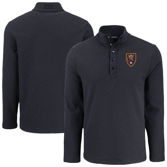 Men's-Cutter & Buck  Black Real Salt Lake Hunts Point Eco Textured Fleece Recycled Quarter-Snap Pullover Top