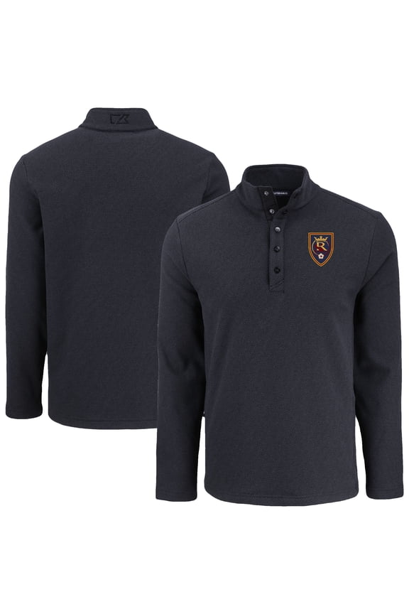 Men's-Cutter & Buck Black Real Salt Lake Hunts Point Eco Textured Fleece Recycled Quarter-Snap Pullover Top
