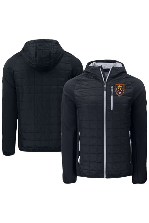 Men's-Cutter & Buck Black Real Salt Lake Rainier Primaloft Eco Full-Zip Hybrid Hooded Jacket