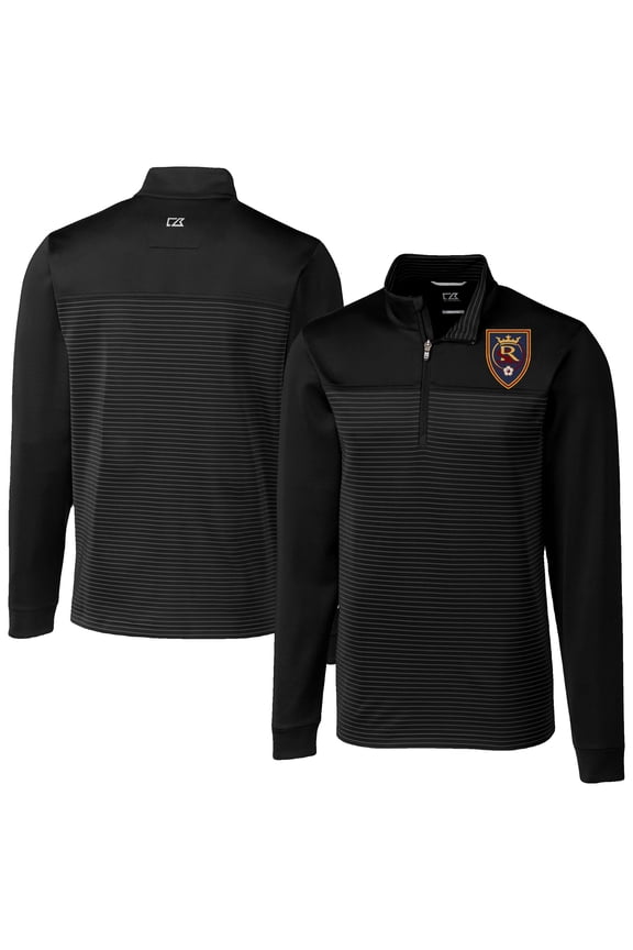 Men's-Cutter & Buck Black Real Salt Lake Traverse Stretch Eco Stripe Tri-Blend Quarter-Zip Top