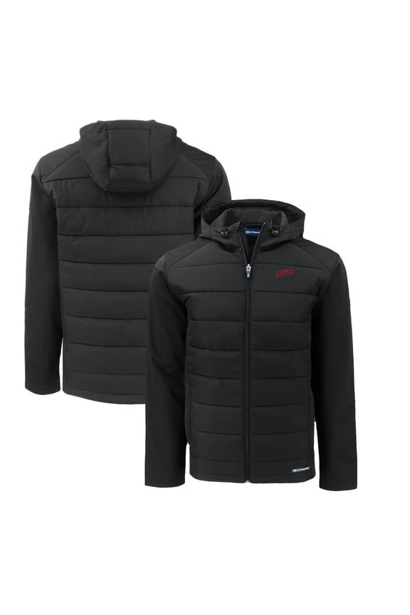 Men's Cutter & Buck Black SMU Mustangs Big & Tall Evoke Hybrid Eco Softshell Recycled Full-Zip Hooded PrimaLoft Jacket