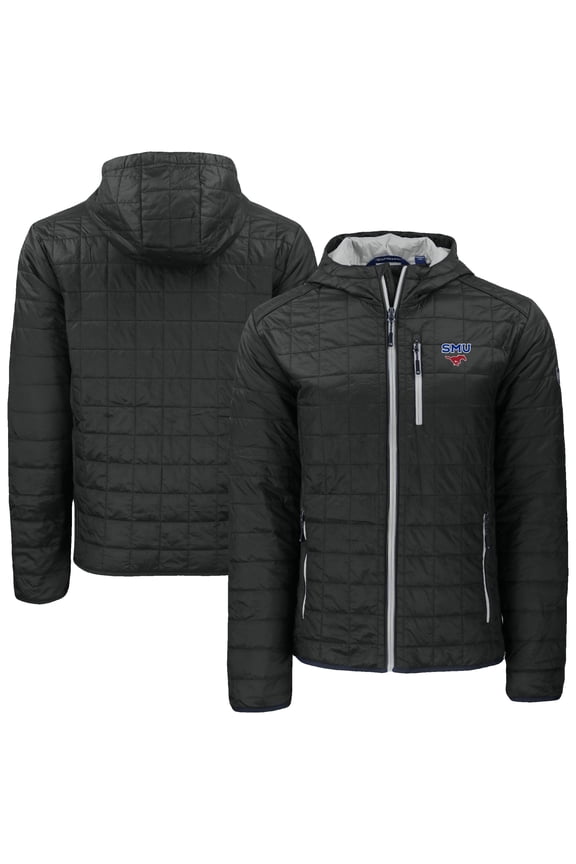 Men's-Cutter & Buck Black SMU Mustangs Rainier Eco PrimaLoft Hooded Full-Zip Jacket