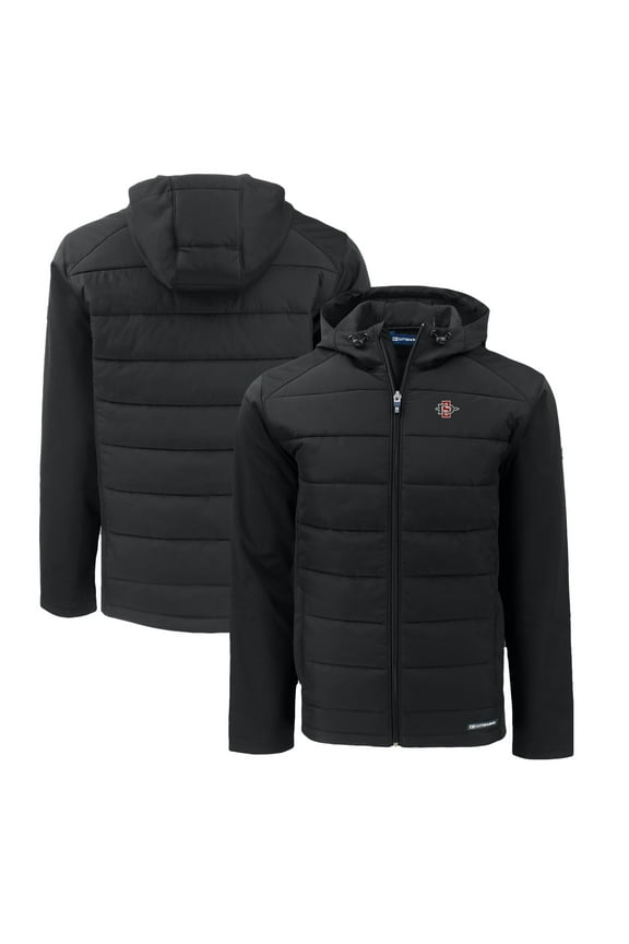 Men's Cutter & Buck  Black San Diego State Aztecs Evoke Hybrid Eco Softshell Recycled Full-Zip Hoodie Jacket