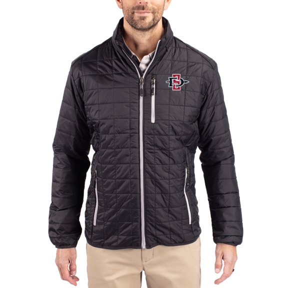 Men's-Cutter & Buck Black San Diego State Aztecs Rainier Eco Insulated PrimaLoft Full-Zip Puffer Jacket