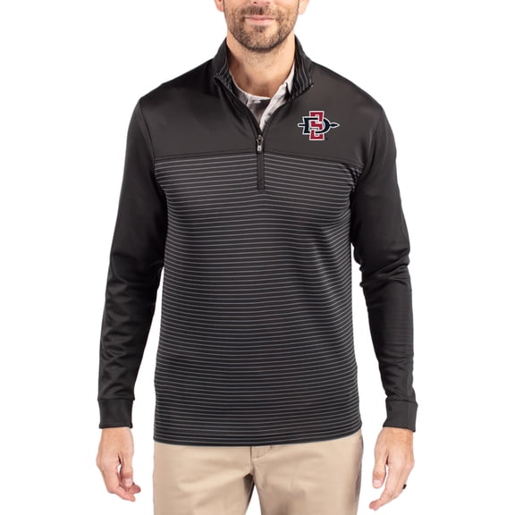 Men's-Cutter & Buck  Black San Diego State Aztecs Traverse Stretch Eco Stripe DryTec Tri-Blend Quarter-Zip Pullover
