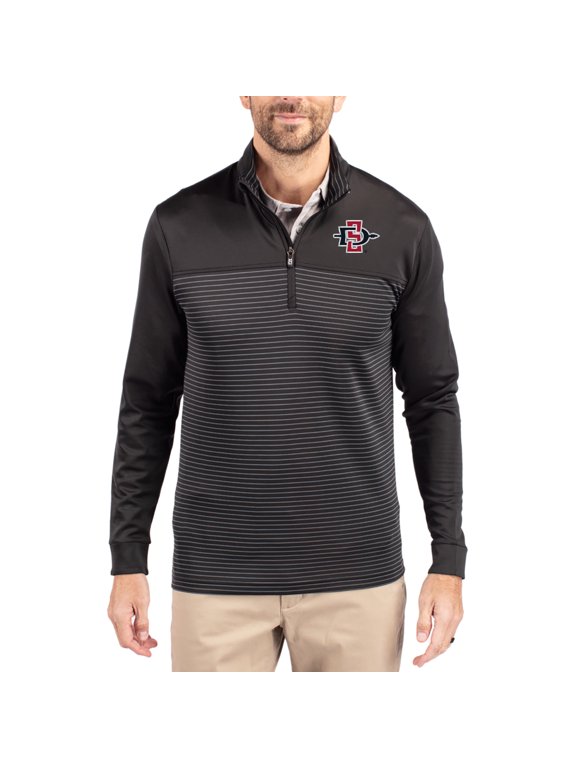 Men's-Cutter & Buck Black San Diego State Aztecs Traverse Stretch Eco Stripe DryTec Tri-Blend Quarter-Zip Pullover