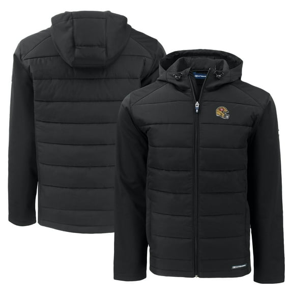 Men's Cutter & Buck Black San Francisco 49ers Helmet Evoke Hybrid Eco Softshell Recycled Full-Zip Hoodie Jacket