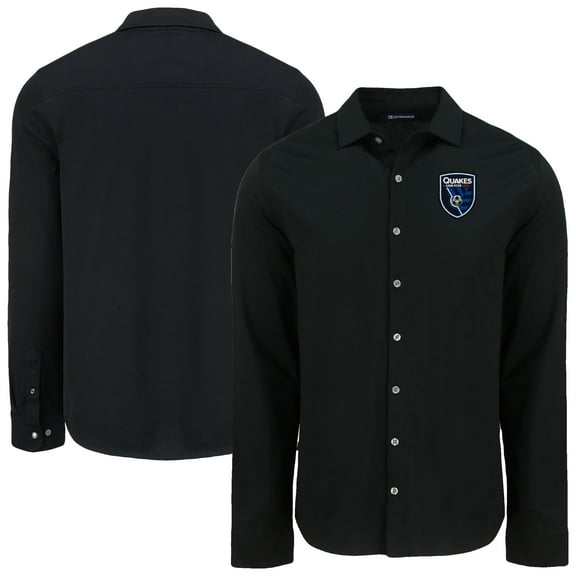 Men's-Cutter & Buck Black San Jose Earthquakes Advantage Tri-Blend Eco Soft Pique Long Sleeve Knitted Button-Up Top