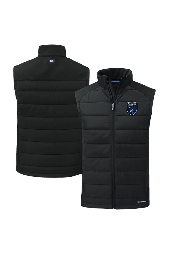 Men's-Cutter & Buck  Black San Jose Earthquakes Evoke Hybrid Eco Softshell Recycled Full-Zip Vest