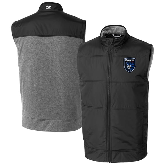 Men's-Cutter & Buck  Black San Jose Earthquakes Stealth Hybrid Quilted Windbreaker Full-Zip Vest