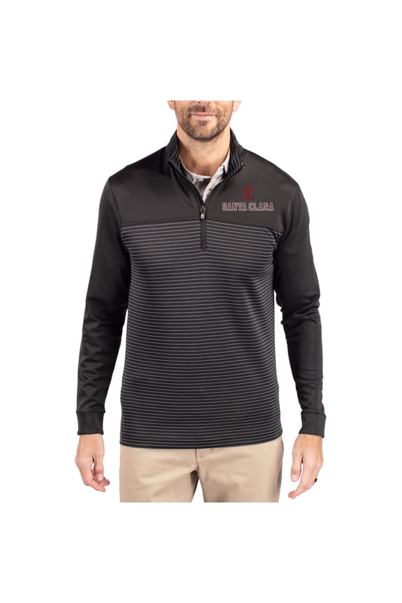Men's-Cutter & Buck Black Santa Clara Broncos Traverse Stretch Eco Stripe DryTec Tri-Blend Quarter-Zip Pullover