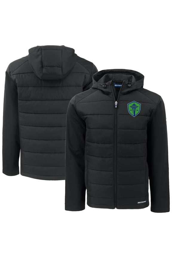 Men's Cutter & Buck Black Seattle Sounders FC Big & Tall Evoke Hybrid Eco Softshell Recycled Full-Zip Hoodie Jacket