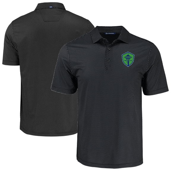 Men's-Cutter & Buck Black Seattle Sounders FC Big & Tall Pike Eco Shadow Check Print Recycled Polo