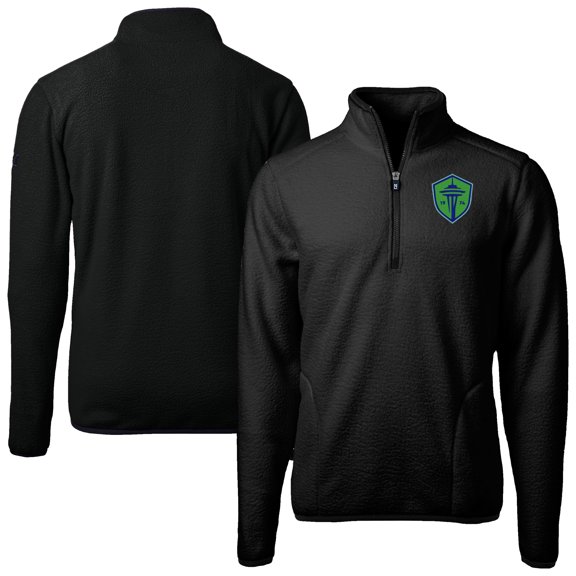 Men's-Cutter & Buck Black Seattle Sounders FC Cascade Eco Fleece Quarter-Zip Jacket