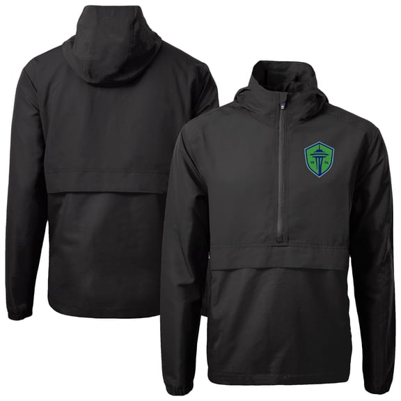 Men's-Cutter & Buck Black Seattle Sounders FC Charter Eco Recycled Anorak Hooded Half-Zip Jacket